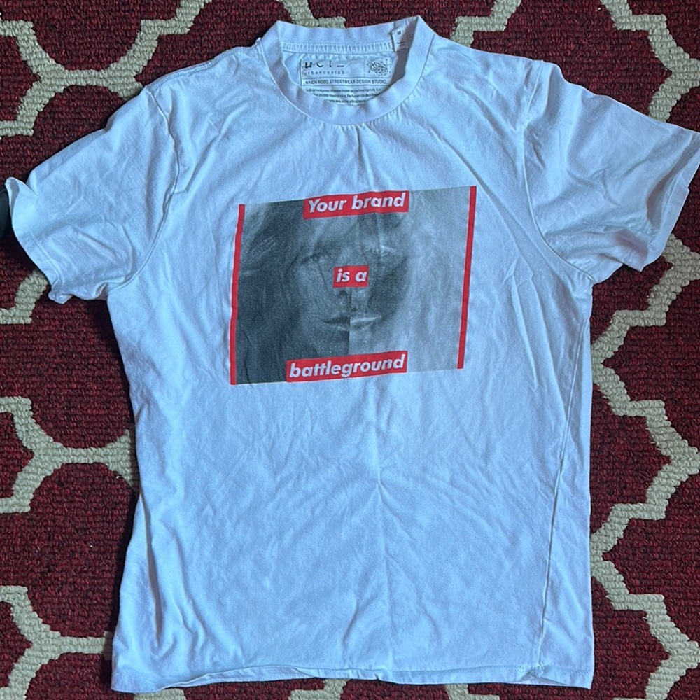 Red and White Short Sleeve Tee with Graphic Design